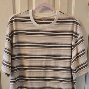 ARIZONA JEAN CO YOUNG MEN'S SHORT SLEEVES TAN & WHITE STRIPES TEE SIZE MEDIUM